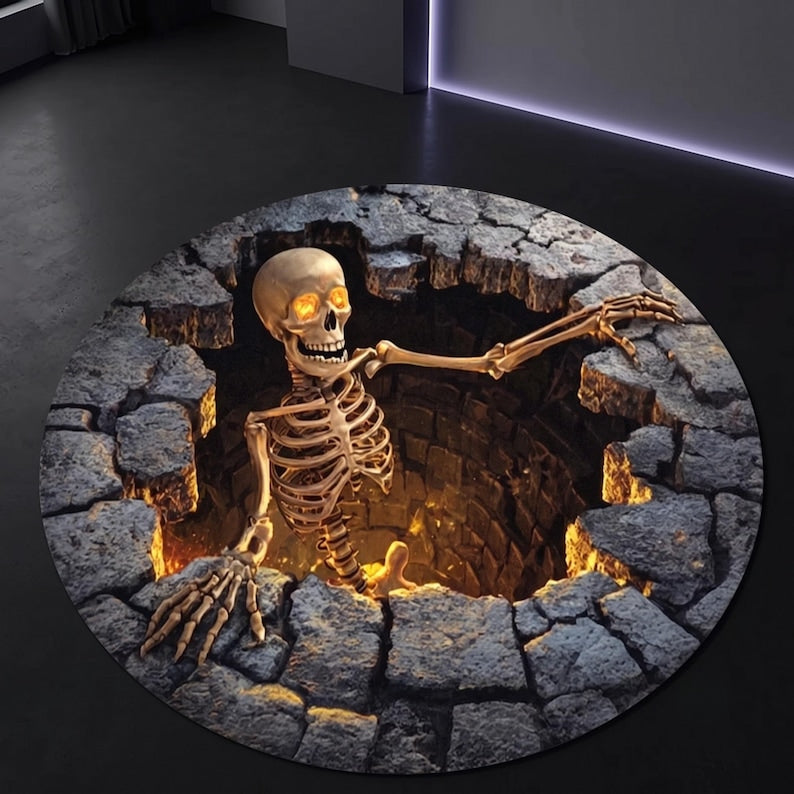 3D Illusion Stone Well Skeleton Round Rug, Halloween Horror Skeleton Carpet, Non Slip Floor Mat, Living Room Bedroom Decor