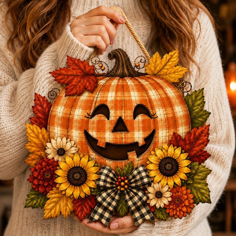 Pumpkin Wooden Door Sign Hanger, Halloween Fall Door Decor, Sunflower Pumpkin Wreath Sign