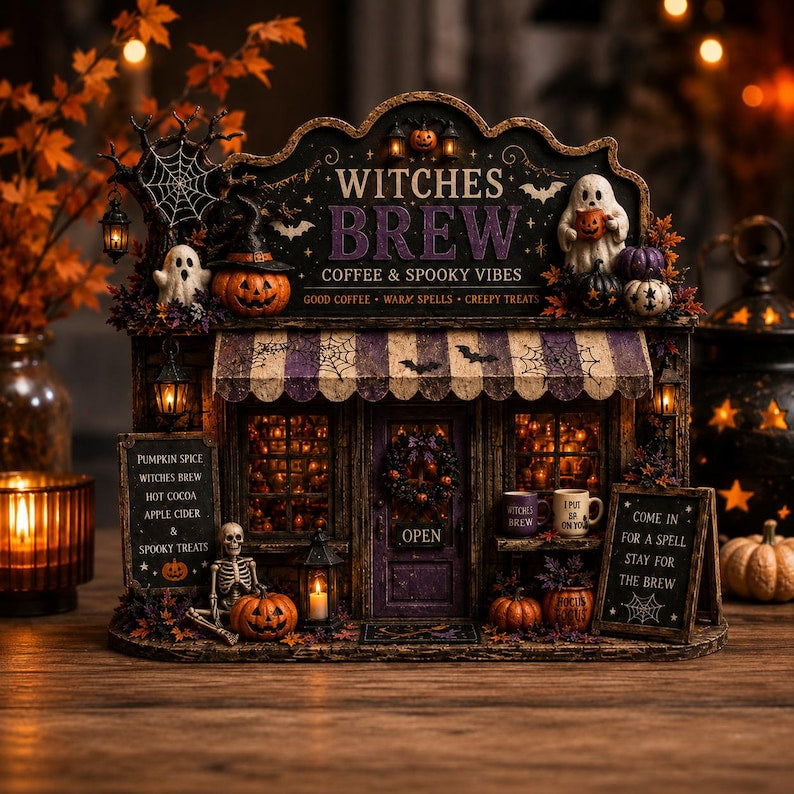 Witches Brew Wooden Block, Halloween Coffee Bar Decor, Spooky Witch Cafe Sign, Ghost Pumpkin Shelf Decor
