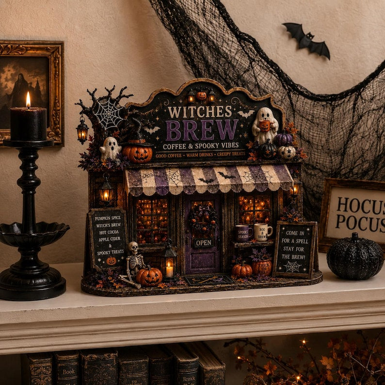Witches Brew Wooden Block, Halloween Coffee Bar Decor, Spooky Witch Cafe Sign, Ghost Pumpkin Shelf Decor