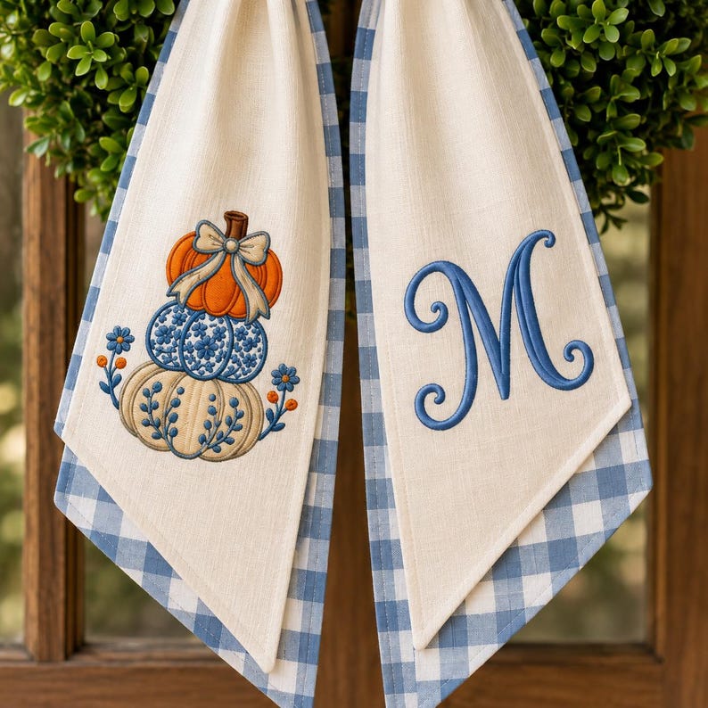 Personalized Fall Wreath Sash, Embroidered Pumpkin Monogram Bow, Blue Gingham Front Door Decor