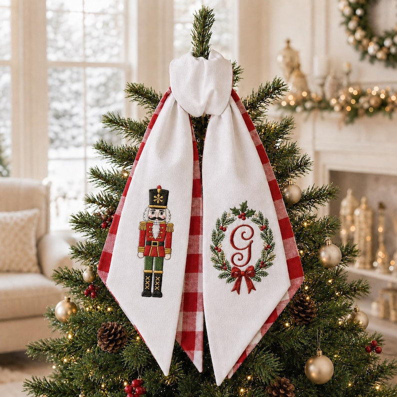 Custom Christmas Monogram Wreath Sash with Red Gingham and Multi Embroidered Design Options