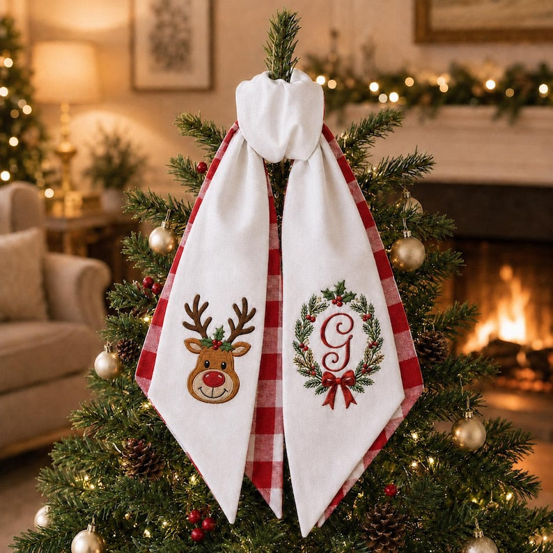 Custom Christmas Monogram Wreath Sash with Red Gingham and Multi Embroidered Design Options