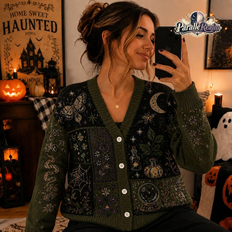 Witchy Moth Halloween Knit Cardigan, Crystal Ball Moon Sweater, Botanical Potion Fall Cardigan, Cottagecore Witch Sweater