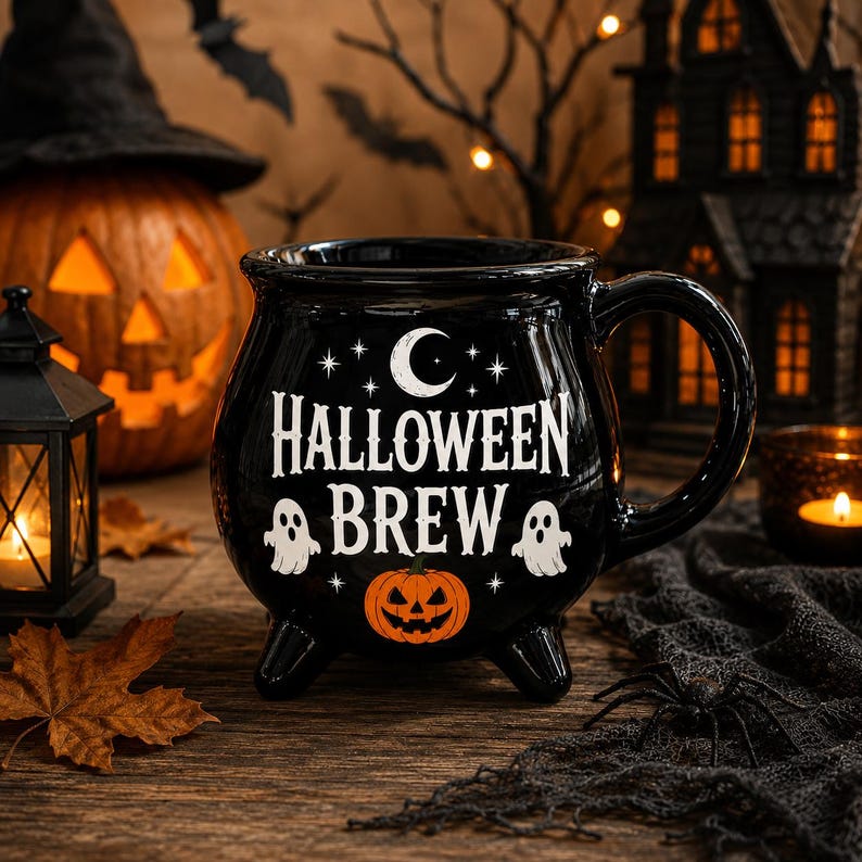 Halloween Brew Cauldron Mug, Spooky Halloween Coffee Mug, Ghost Pumpkin Witch Coffee Cup, Cute Fall Mug