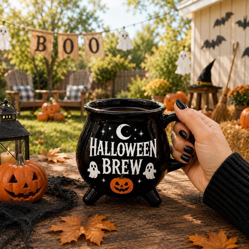Halloween Brew Cauldron Mug, Spooky Halloween Coffee Mug, Ghost Pumpkin Witch Coffee Cup, Cute Fall Mug