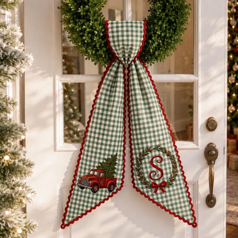 Personalized Red Truck Christmas Tree Wreath Sash, Gingham Front Door Ric Rac Bow, Embroidered Holiday Decor