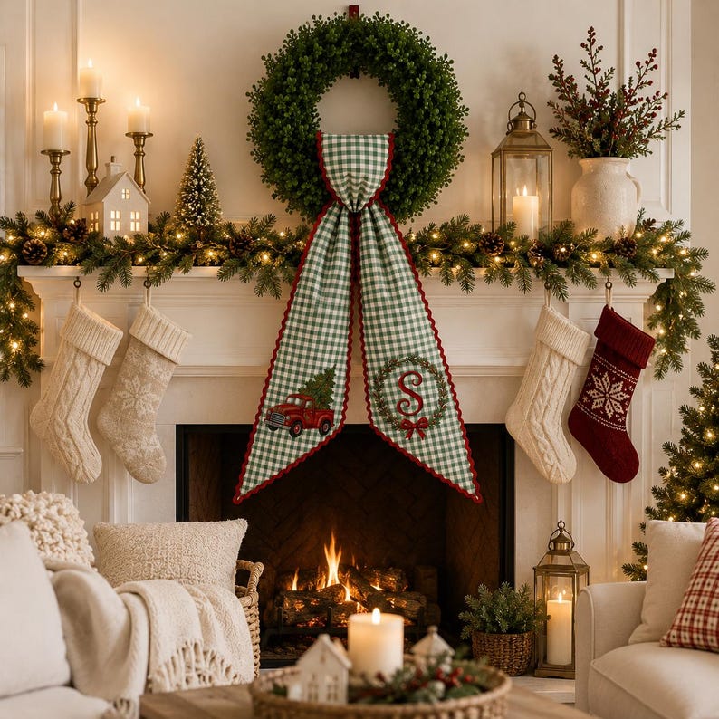 Personalized Red Truck Christmas Tree Wreath Sash, Gingham Front Door Ric Rac Bow, Embroidered Holiday Decor