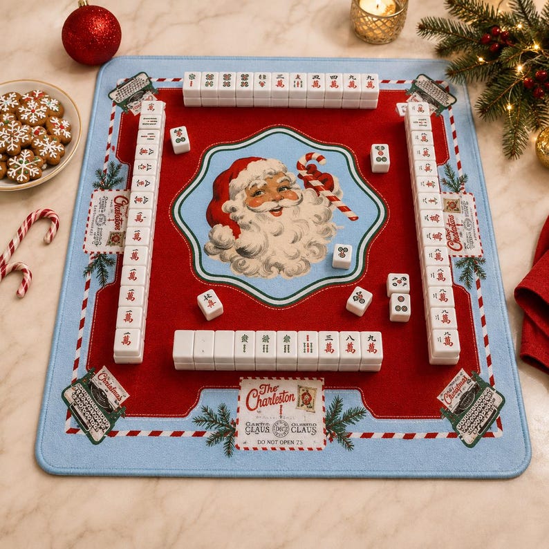 Vintage Santa Mail Mahjong Mat, Holiday Game Table Runner