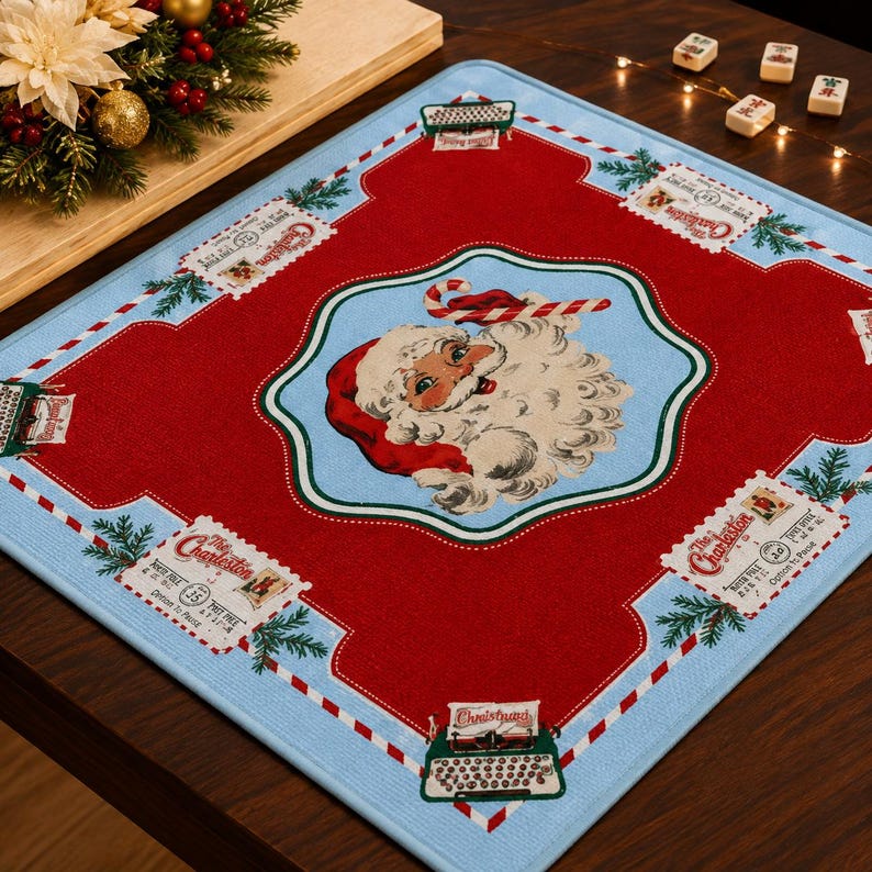 Vintage Santa Mail Mahjong Mat, Holiday Game Table Runner