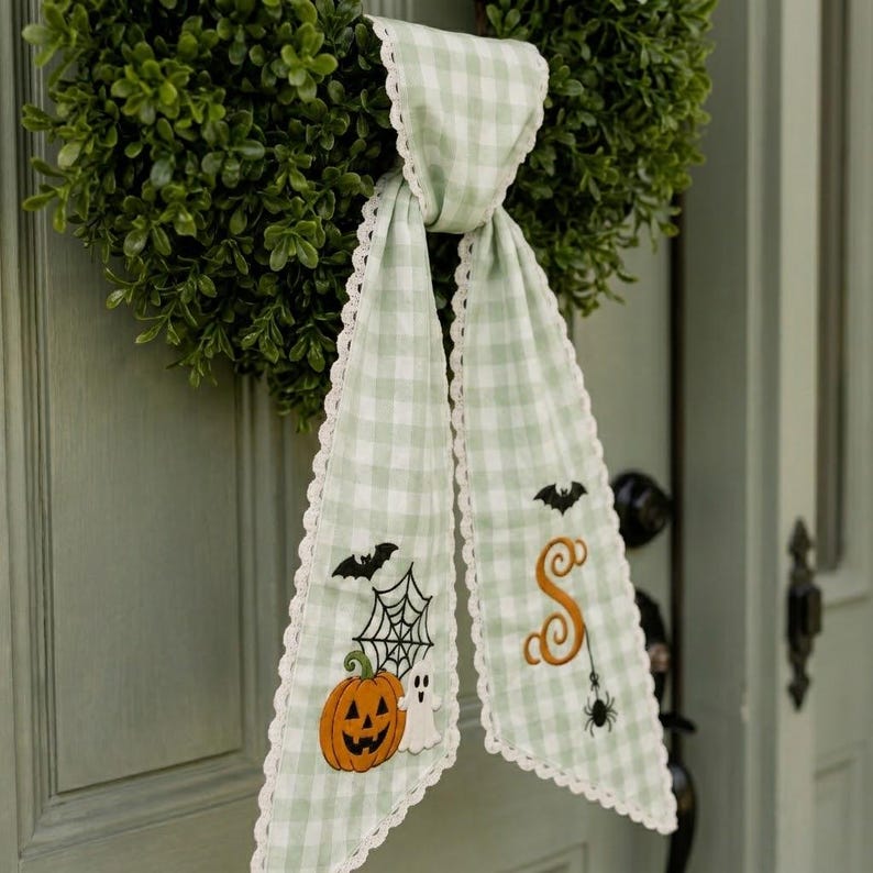 Personalized Halloween Wreath Sash, Monogram Pumpkin Ghost Door Bow, Trick or Treat Striped Ribbon, Fall Wreath Sash