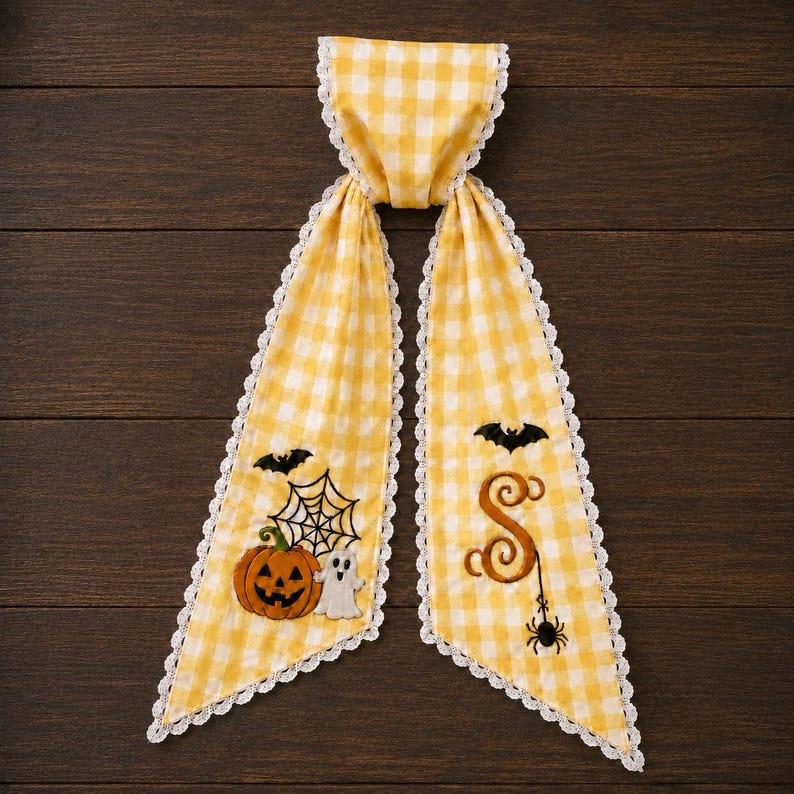 Personalized Halloween Wreath Sash, Monogram Pumpkin Ghost Door Bow, Trick or Treat Striped Ribbon, Fall Wreath Sash