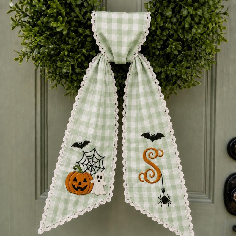 Personalized Halloween Wreath Sash, Monogram Pumpkin Ghost Door Bow, Trick or Treat Striped Ribbon, Fall Wreath Sash