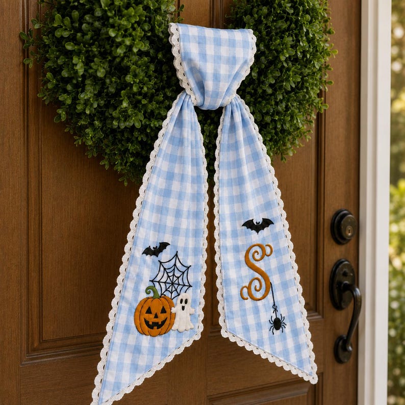 Personalized Halloween Wreath Sash, Monogram Pumpkin Ghost Door Bow, Trick or Treat Striped Ribbon, Fall Wreath Sash