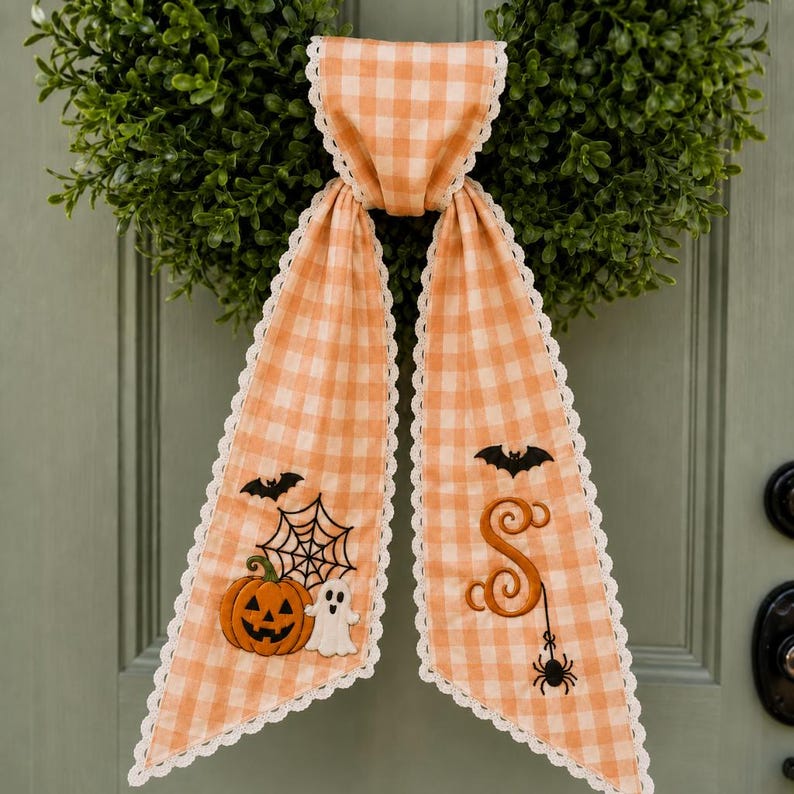 Personalized Halloween Wreath Sash, Monogram Pumpkin Ghost Door Bow, Trick or Treat Striped Ribbon, Fall Wreath Sash