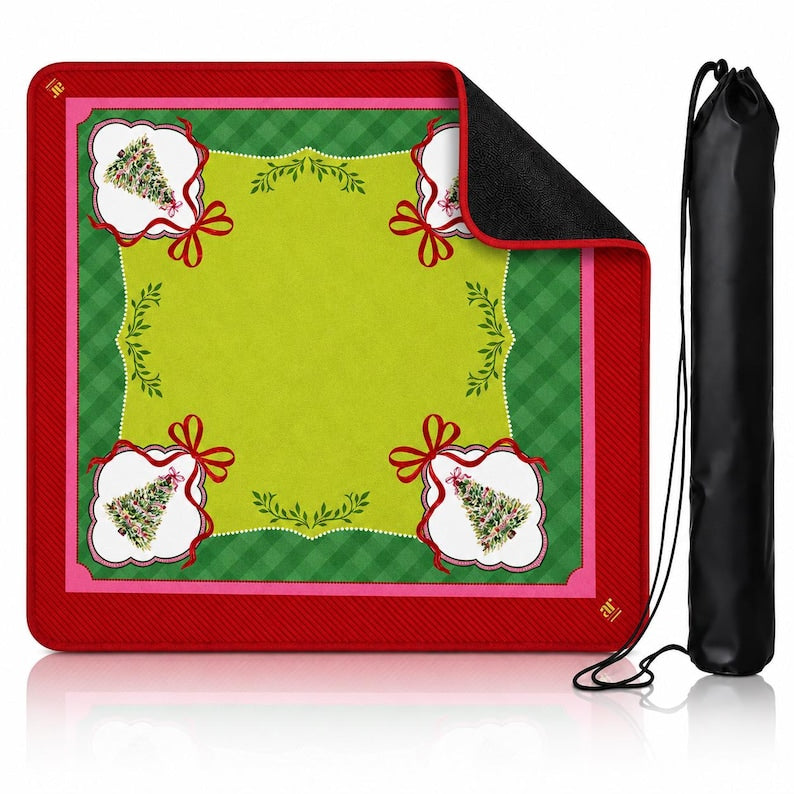 Watercolor Christmas Tree Mahjong Mat, Pink Green Holiday Game Surface