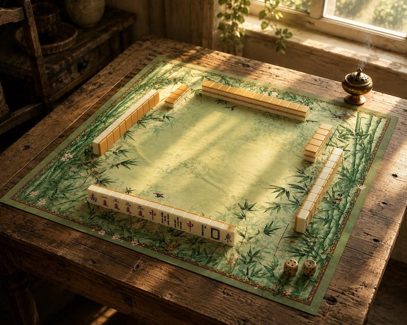 Mahjong Mat, Green Bamboo Game Table Mat with Non-Slip Base, Decorative Tile Playing Surface, Gift for Mahjong Players