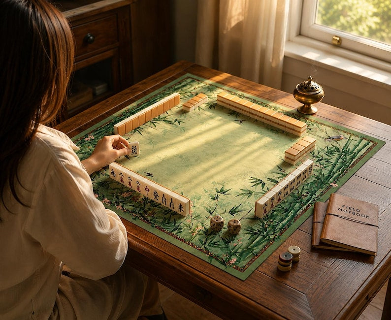 Mahjong Mat, Green Bamboo Game Table Mat with Non-Slip Base, Decorative Tile Playing Surface, Gift for Mahjong Players