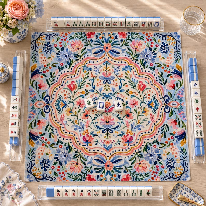 Blue Pink Floral Folk Art Mahjong Mat, American Mahjong Mat, Preppy Botanical Game Mat, Grandmillennial Gift