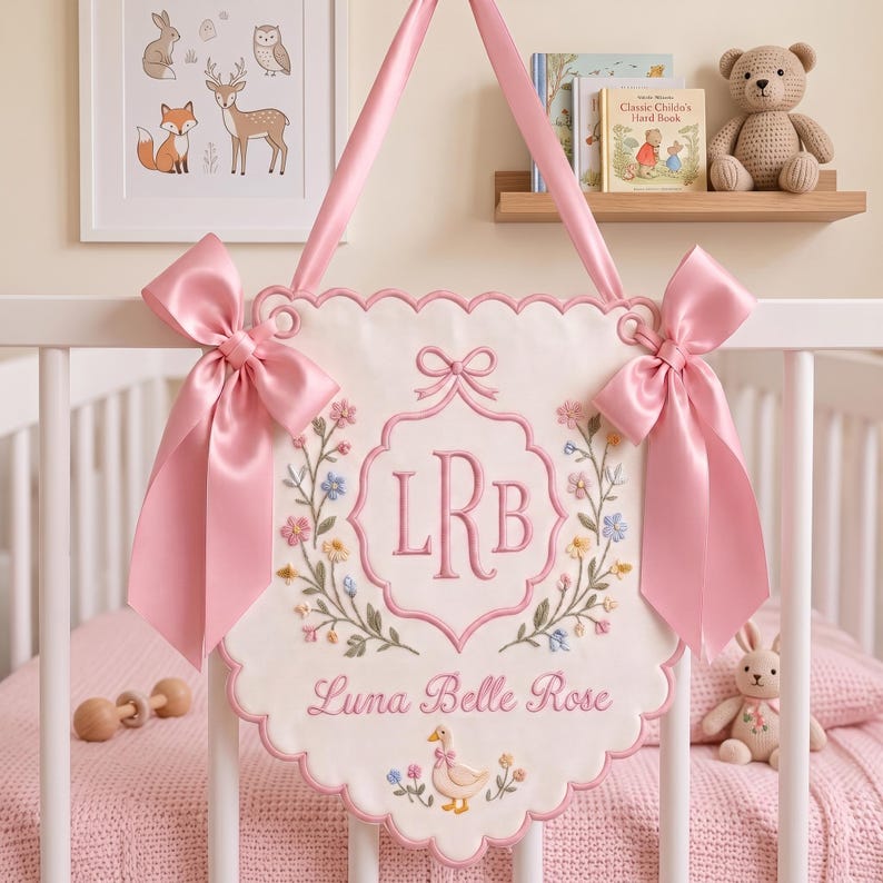 Embroidered Baby Name Banner, Floral Monogram Nursery Decor, Custom Door Hanger