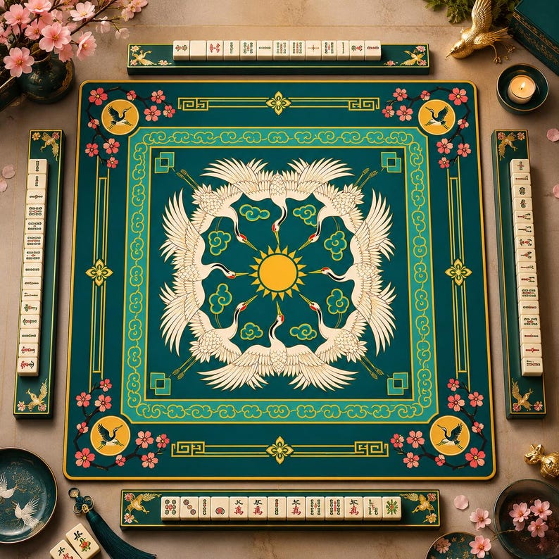 Crane Chinoiserie Mahjong Mat, Emerald Green American Mahjong Game Mat, Japanese Mahjong Mat