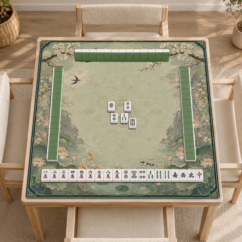 Chinoiserie Lotus Garden Koi Mahjong Mat, Traditional Oriental Table Cover, Non-Slip Game Night Playmat