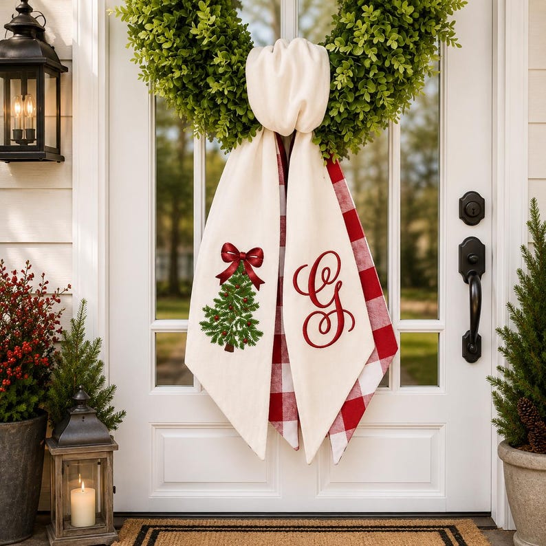 Christmas Wreath Sash, Personalized Pink Stripe Monogram Door Sash, Embroidered Noel Wreath Bow, Christmas Bow Tree