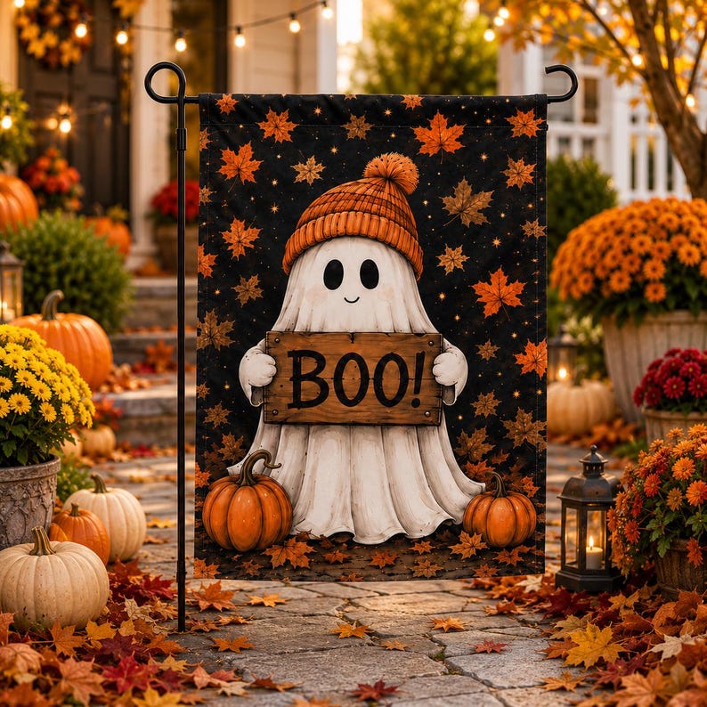 Halloween Ghost Garden Flag, Cute Boo Pumpkin Yard Sign, Autumn Maple Leaf Outdoor Flag, Spooky Fall Porch Decor