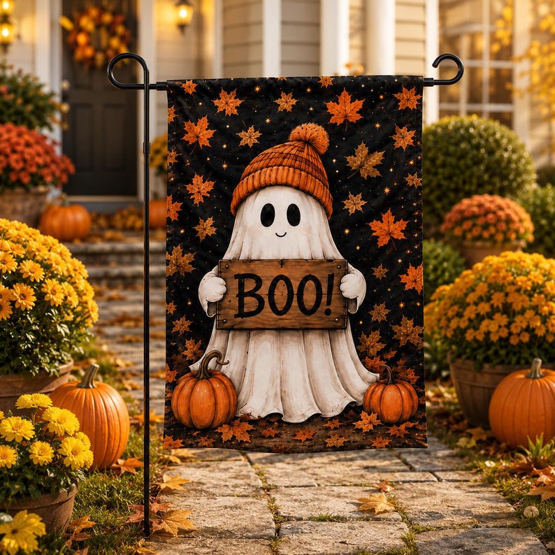 Halloween Ghost Garden Flag, Cute Boo Pumpkin Yard Sign, Autumn Maple Leaf Outdoor Flag, Spooky Fall Porch Decor