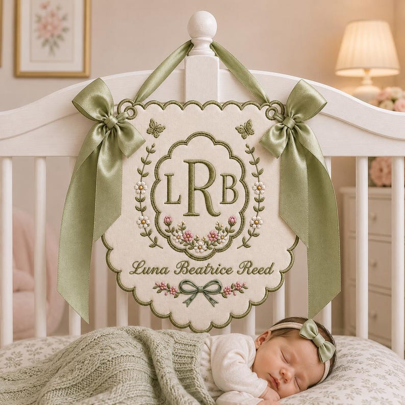 Embroidered Baby Name Banner, Custom Monogram Nursery Pennant, Hospital Door Announcement