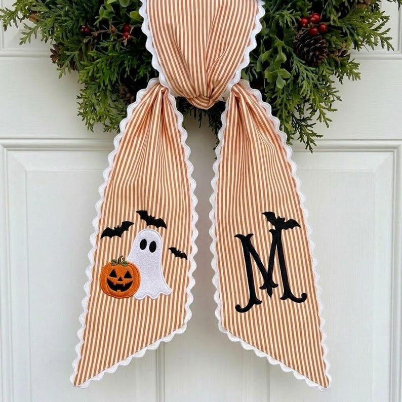 Personalized Halloween Wreath Sash, Monogram Ghost Pumpkin Door Decor, Embroidered Striped Fall Ribbon