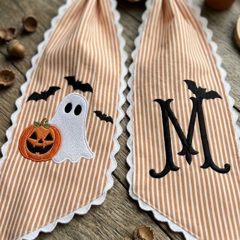 Personalized Halloween Wreath Sash, Monogram Ghost Pumpkin Door Decor, Embroidered Striped Fall Ribbon