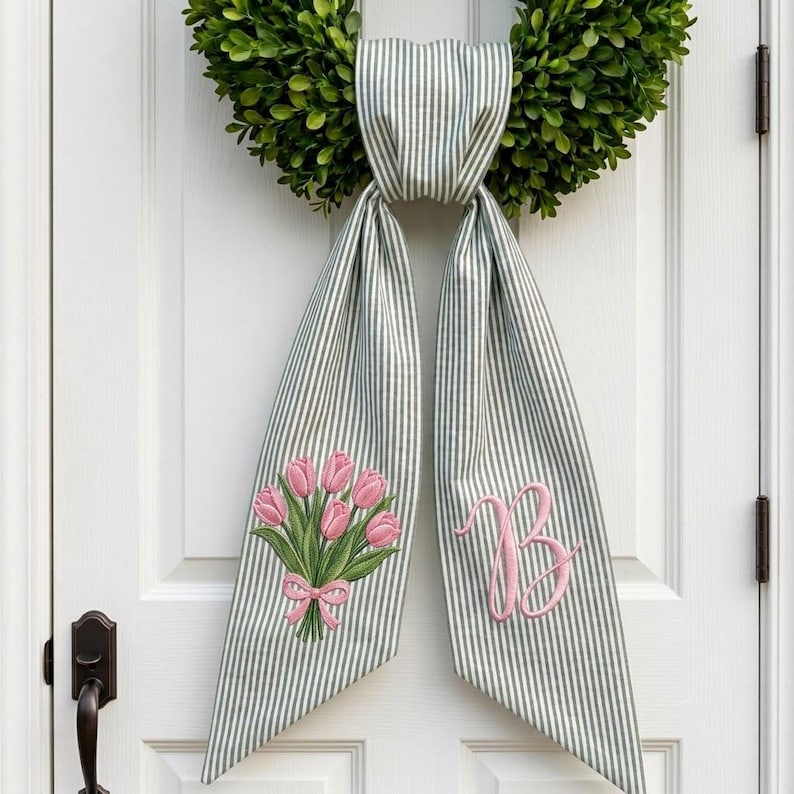 Monogram Wreath Sash, Custom Tulip Embroidery Door Tie, Summer Front Door Decor, Spring Door Ribbon Tie