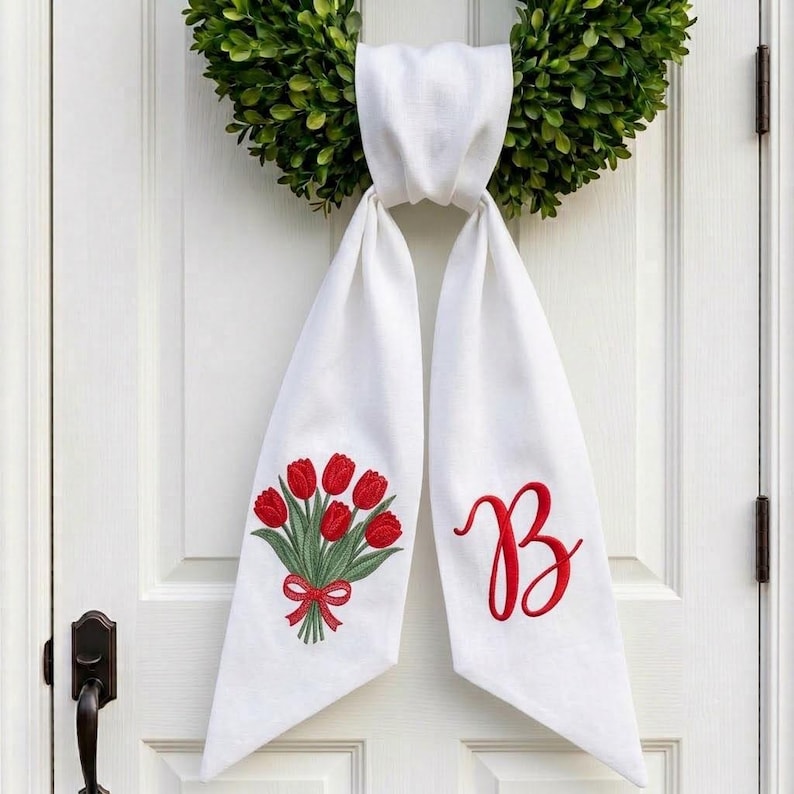 Monogram Wreath Sash, Custom Tulip Embroidery Door Tie, Summer Front Door Decor, Spring Door Ribbon Tie