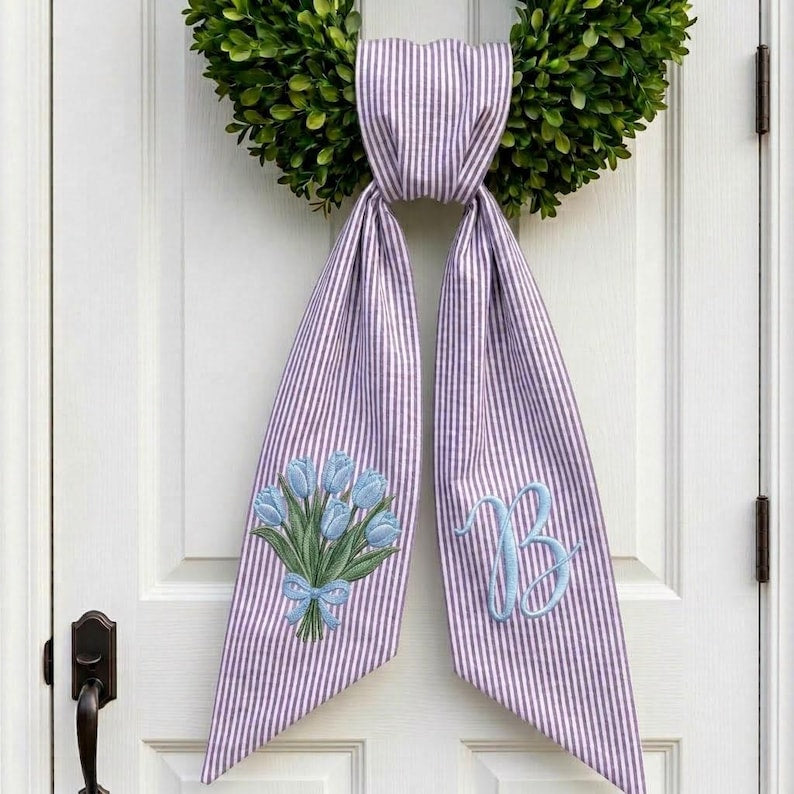 Monogram Wreath Sash, Custom Tulip Embroidery Door Tie, Summer Front Door Decor, Spring Door Ribbon Tie