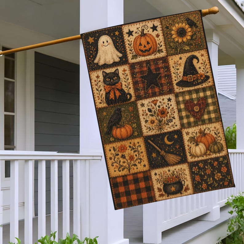 Primitive Halloween Patchwork Garden Flag, Ghost Black Cat Pumpkin Quilt Decor, Rustic House Flag