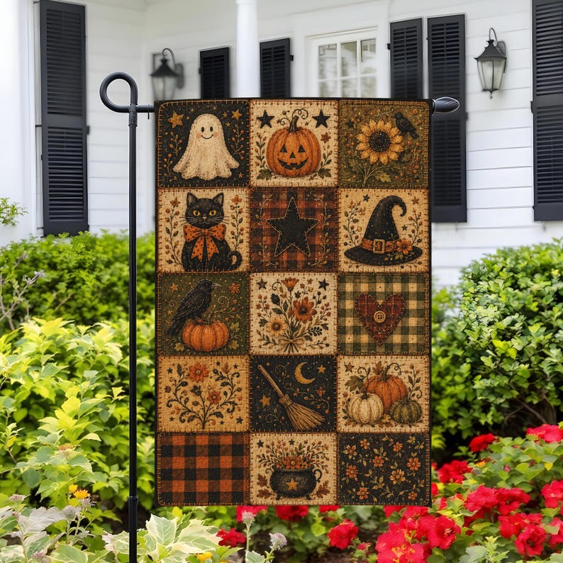 Primitive Halloween Patchwork Garden Flag, Ghost Black Cat Pumpkin Quilt Decor, Rustic House Flag