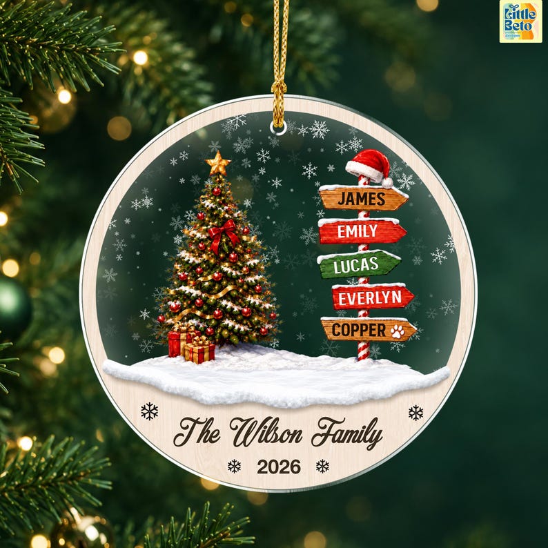 Personalized Family Names Christmas Ornament, Custom Name Signpost Glass Ornament, Family With Pets Ornaments