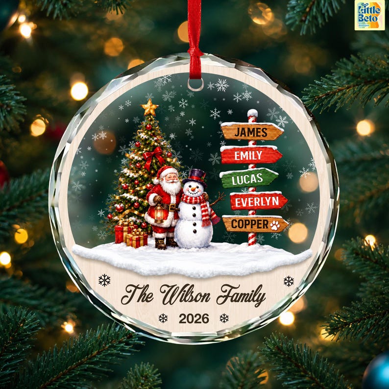 Personalized Family Names Christmas Ornament, Custom Name Signpost Glass Ornament, Family With Pets Ornaments