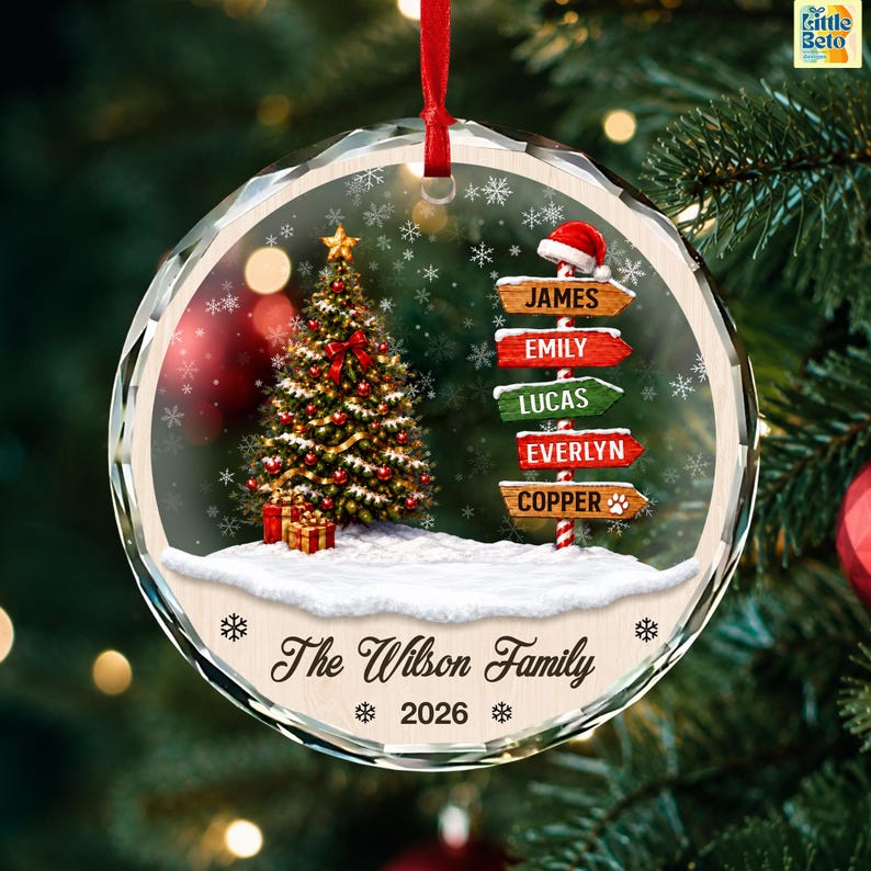 Personalized Family Names Christmas Ornament, Custom Name Signpost Glass Ornament, Family With Pets Ornaments