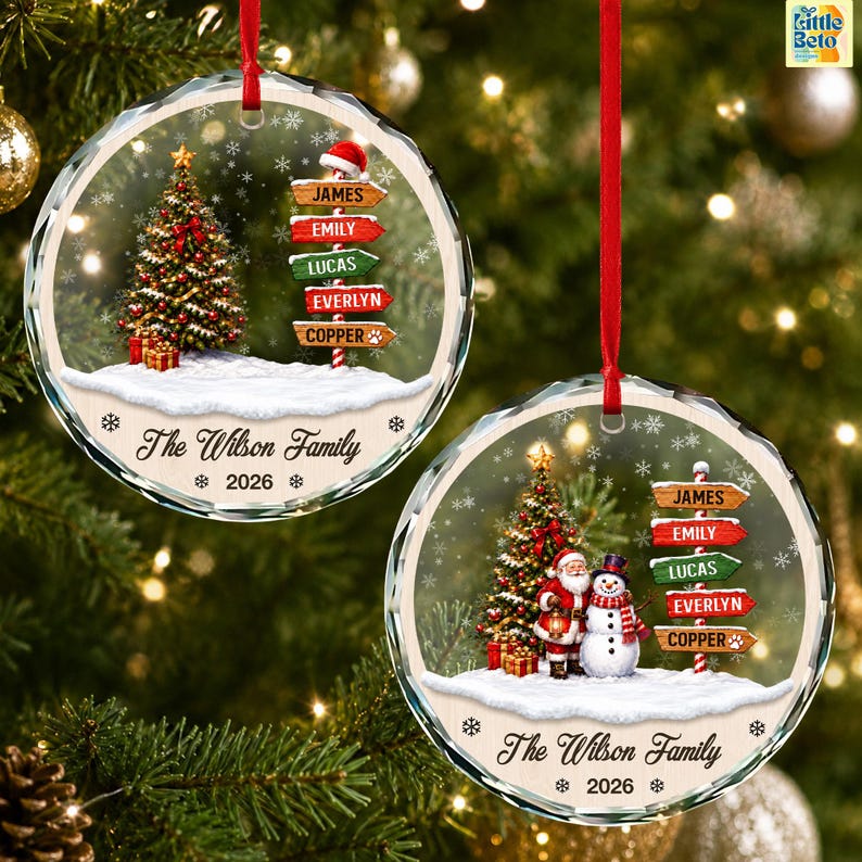 Personalized Family Names Christmas Ornament, Custom Name Signpost Glass Ornament, Family With Pets Ornaments