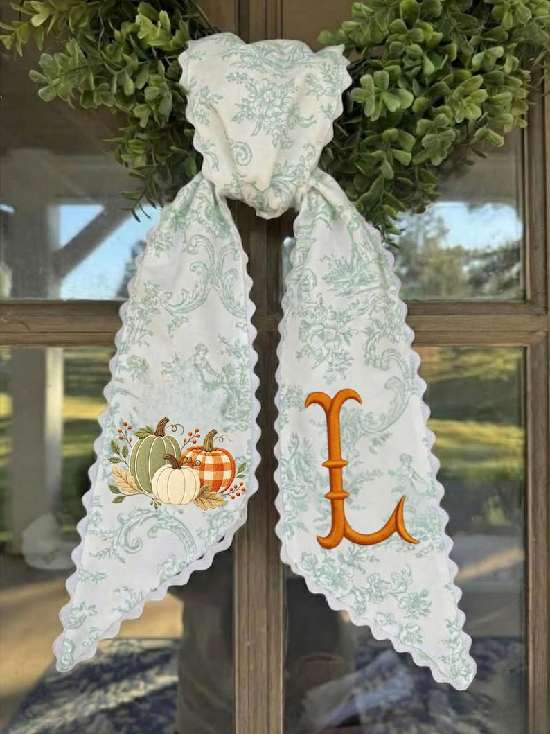 Embroidered Pumpkin Wreath Sash, Personalized Fall Monogram Decor, Orange Toile With Pumpkin Autumn Monogram Sash