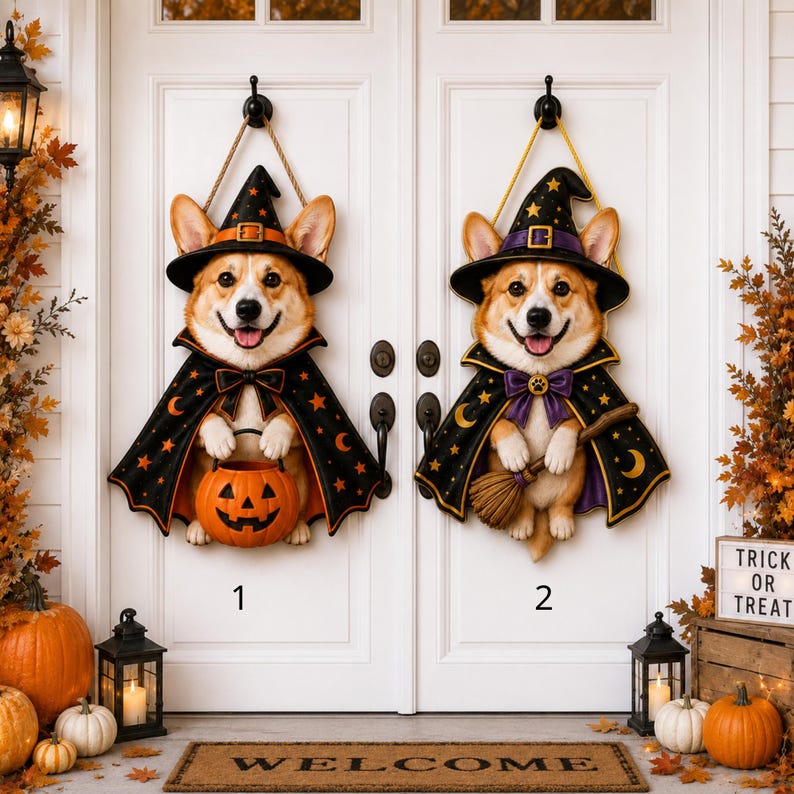 Halloween Door Sign With Corgi Witches, Pumpkins, Broom, Stars, Crescent Moon, Personalized Family Name Festive Porch Decor