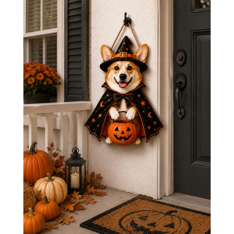 Halloween Door Sign With Corgi Witches, Pumpkins, Broom, Stars, Crescent Moon, Personalized Family Name Festive Porch Decor