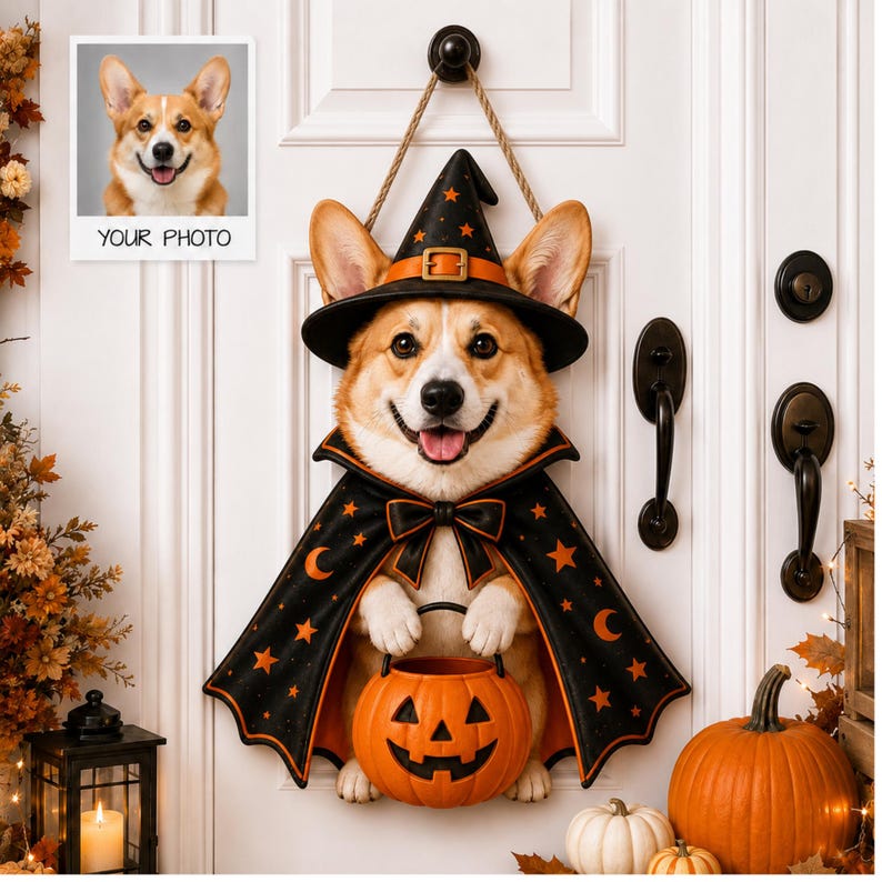 Halloween Door Sign With Corgi Witches, Pumpkins, Broom, Stars, Crescent Moon, Personalized Family Name Festive Porch Decor
