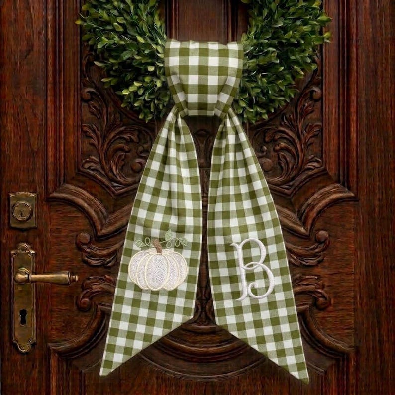 Monogrammed Gingham Pumpkin Wreath Sash, Personalized Autumn Door Hanger Bow