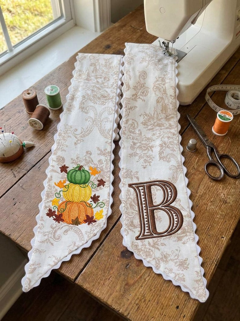 Embroidered Pumpkin Wreath Sash, Personalized Fall Monogram Decor, Orange Toile With Pumpkin Autumn Monogram Sash