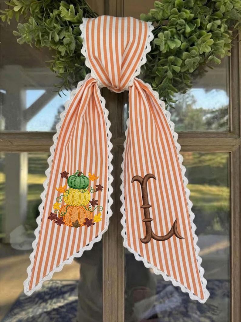 Embroidered Pumpkin Wreath Sash, Personalized Fall Monogram Decor, Orange Toile With Pumpkin Autumn Monogram Sash