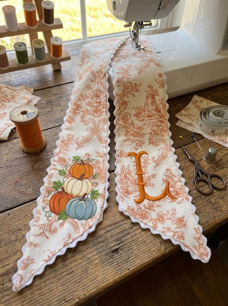 Embroidered Pumpkin Wreath Sash, Personalized Fall Monogram Decor, Orange Toile With Pumpkin Autumn Monogram Sash