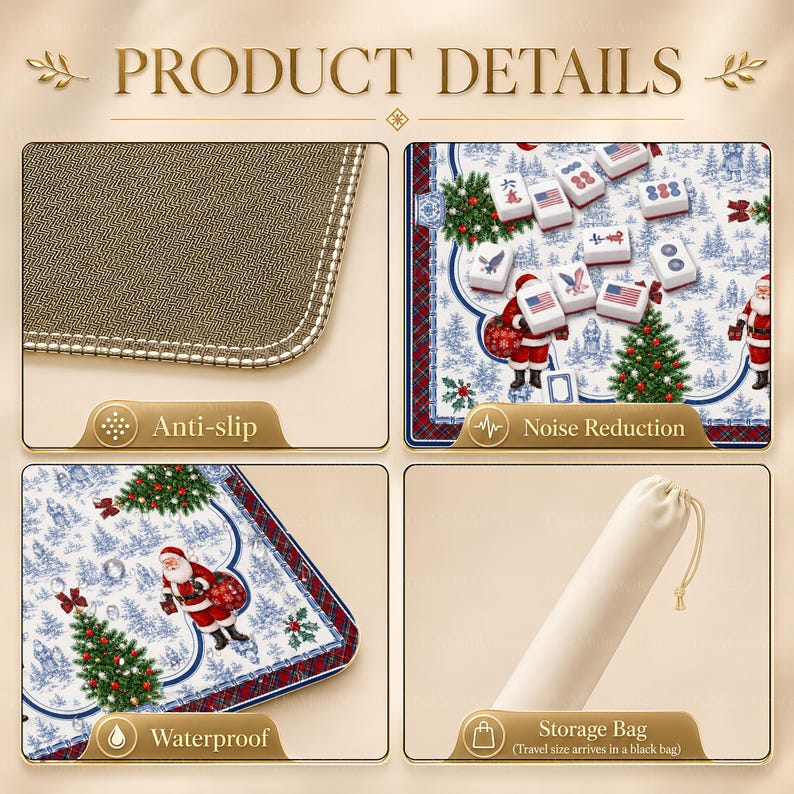 Chinoiserie Christmas Santa Mahjong Mat, Luxury Blue White Festive Tartan Game Mat, Non-Slip Table Protect Cover